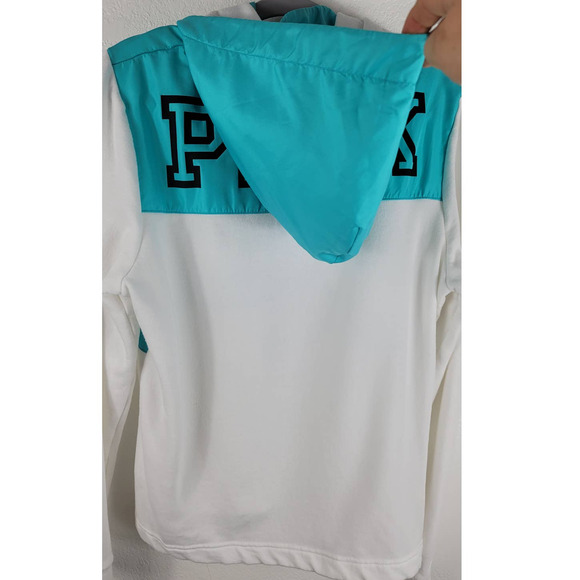 Victoria Secret Pink Turquoise White Pullover Hooded Athletic Sweatshirt L - Picture 4 of 6